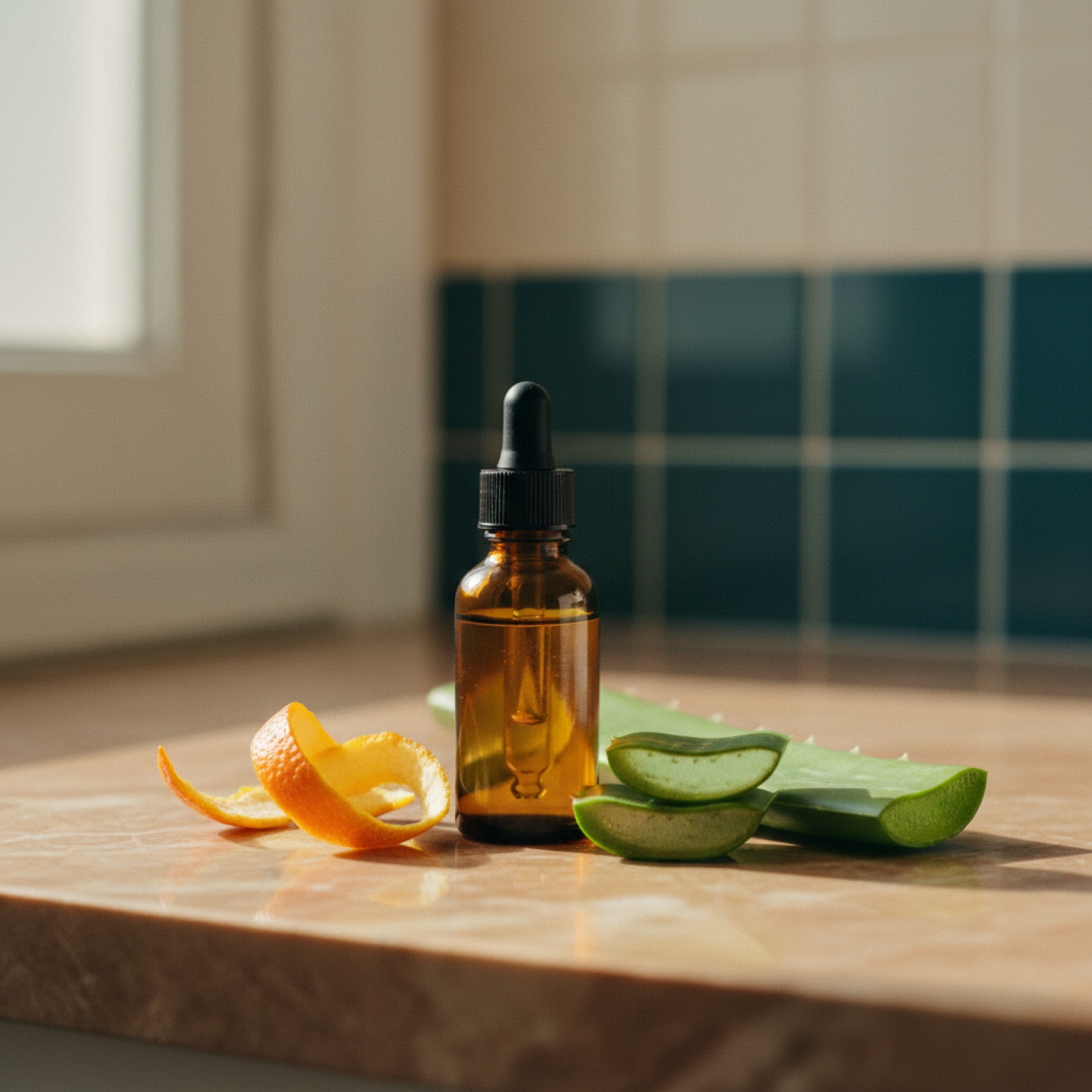 Vitamin C serum bottle with citrus peel and aloe in soft morning light