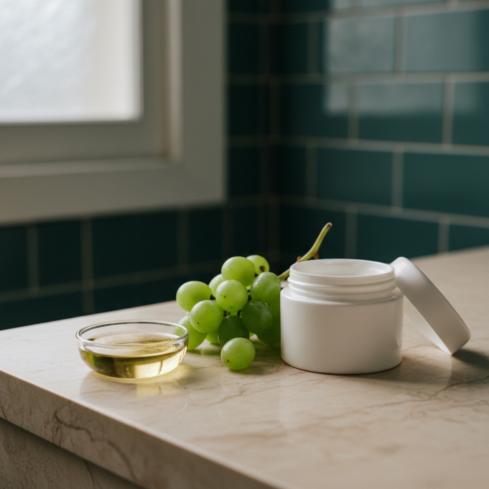 A small dish of grape seed oil with green grapes and a skincare jar in soft morning light